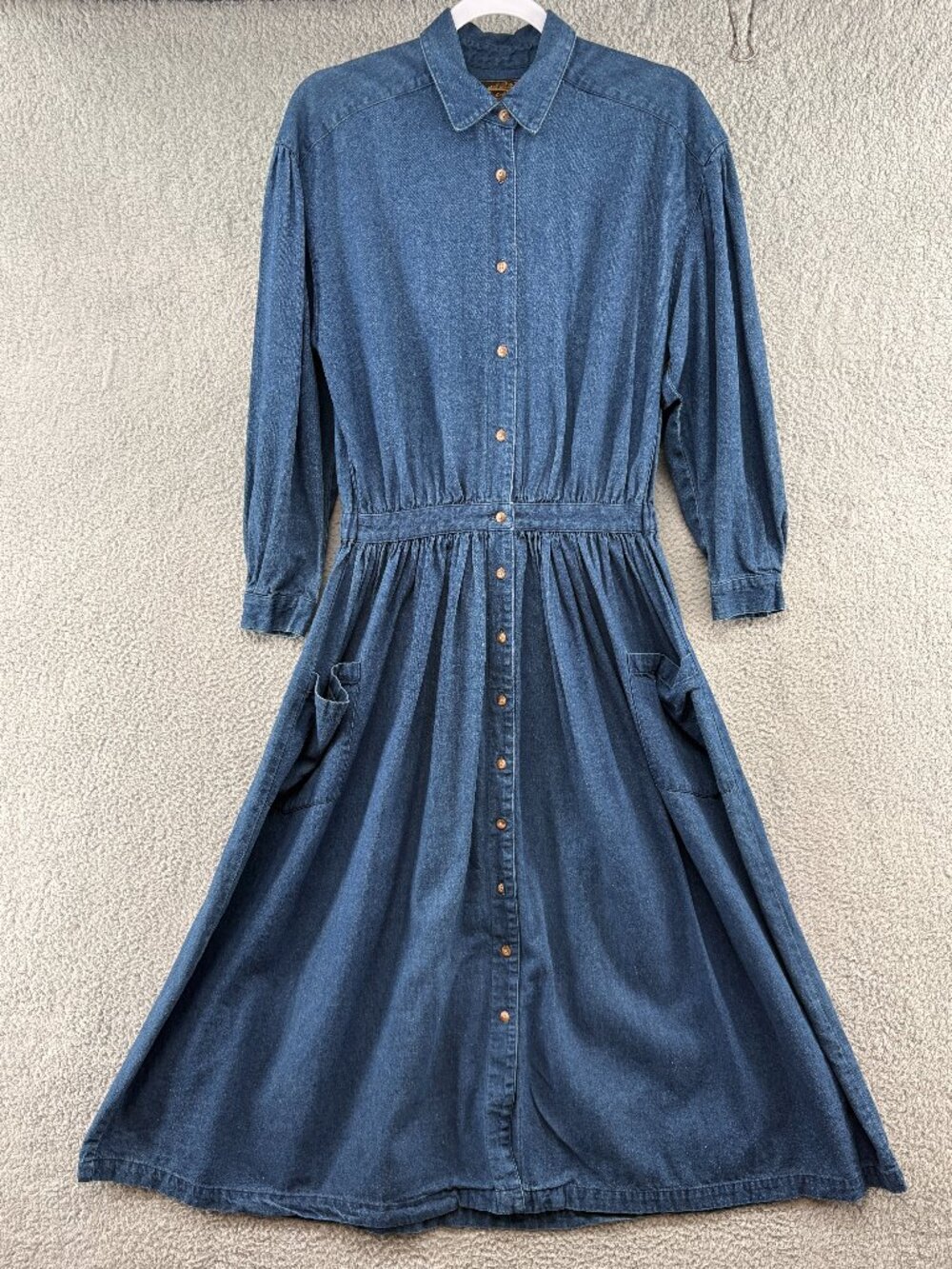 Vintage Eddie Bauer Denim Shirt Dress Small Maxi Chambray Cotton Prairie Pockets - Picture 3 of 14
